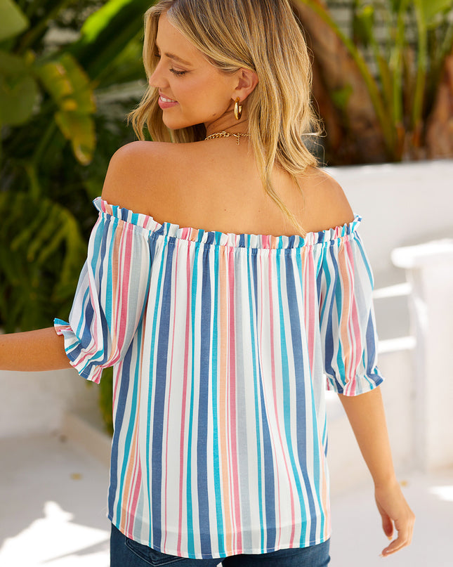 Rainbow Stripe Off-Shoulder Frilled Flounce Sleeve Blouse
