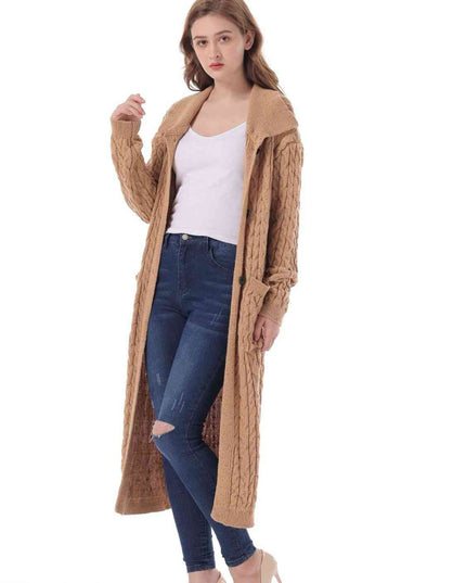 Cable-Knit Collared Neck Cardigan with Pockets
