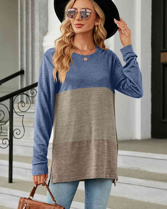 Color Block Round Neck Long Sleeve Slit T-Shirt