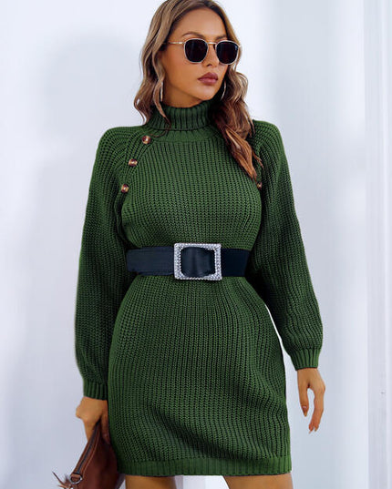 Buttoned Turtleneck Long Sleeve Sweater Dress