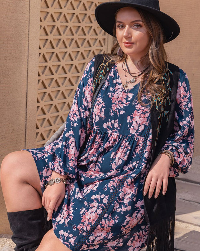 Plus Size Printed V-Neck Long Sleeve Mini Dress