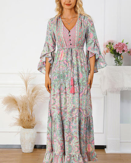 Printed Tassel Tie V-Neck Tiered Dress