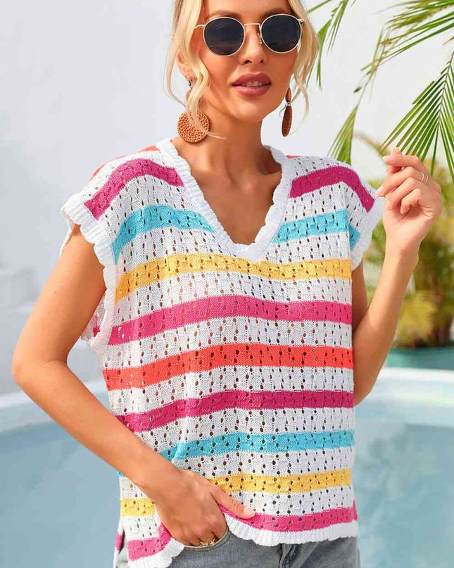 Striped V-Neck Slit Cover Up