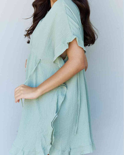 Ninexis Out Of Time Full Size Ruffle Hem Dress with Drawstring Waistband in Light Sage