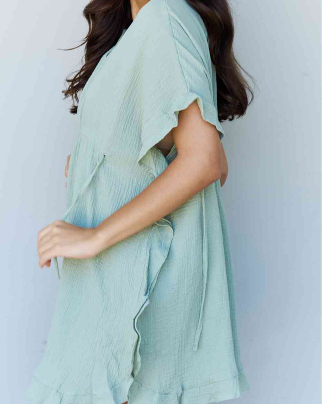 Ninexis Out Of Time Full Size Ruffle Hem Dress with Drawstring Waistband in Light Sage