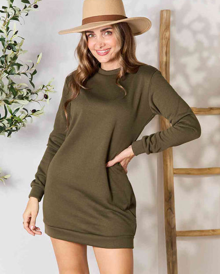 Double Take Round Neck Long Sleeve Mini Dress with Pockets