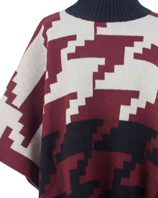 Turtleneck Pom-Pom Trim Poncho