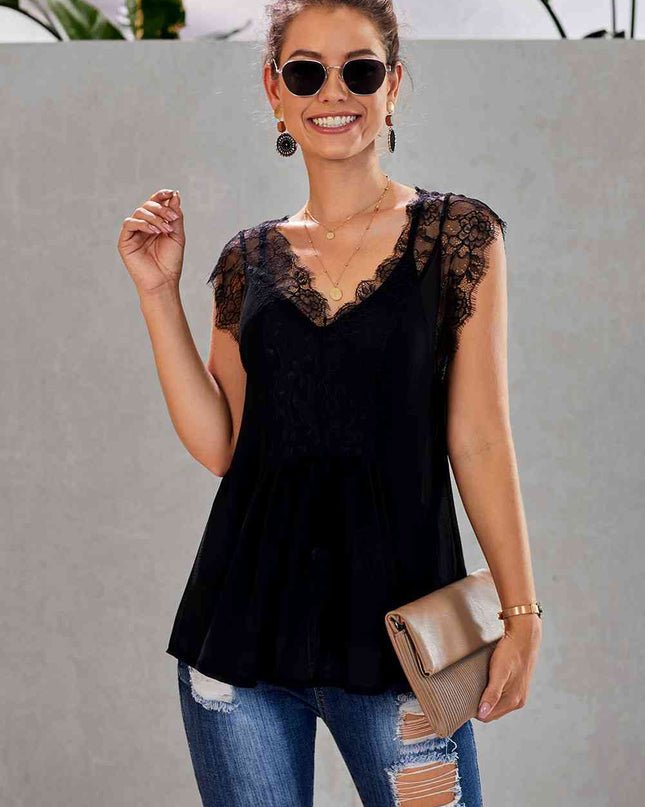 Eyelash Trim Spliced Lace V-Neck Tank