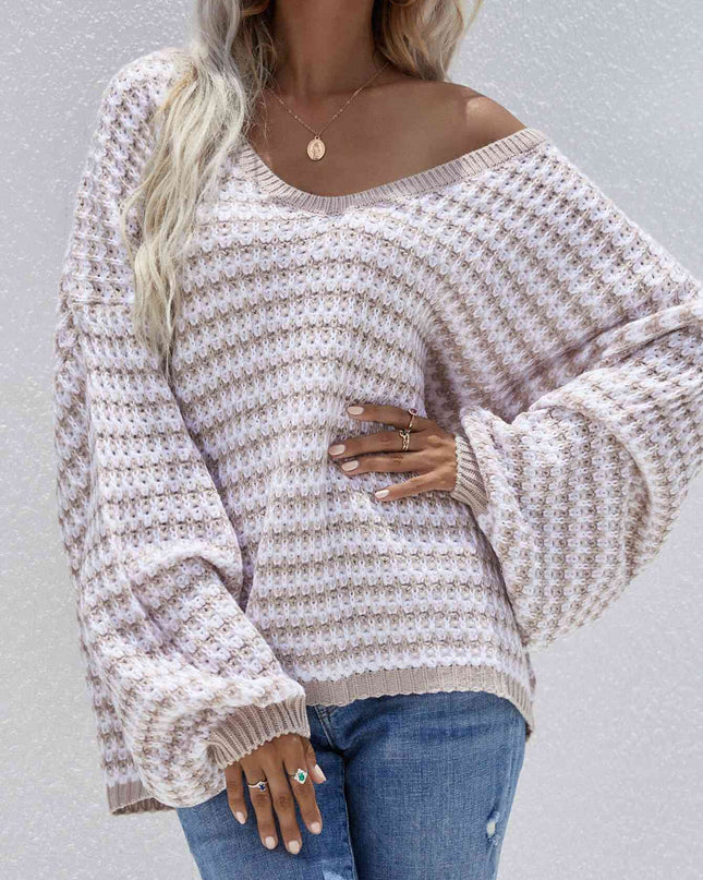 Striped Drop Shoulder V-Neck Pullover Sweater