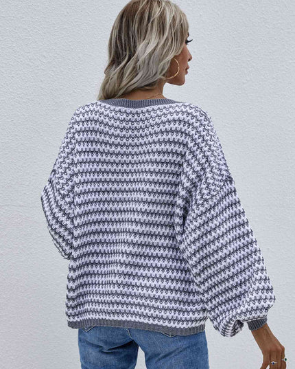 Striped Drop Shoulder V-Neck Pullover Sweater