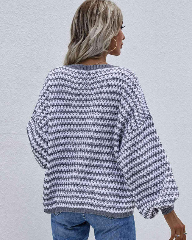 Striped Drop Shoulder V-Neck Pullover Sweater