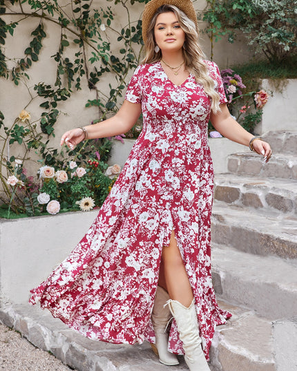 Plus Size Slit Printed V-Neck Maxi Dress