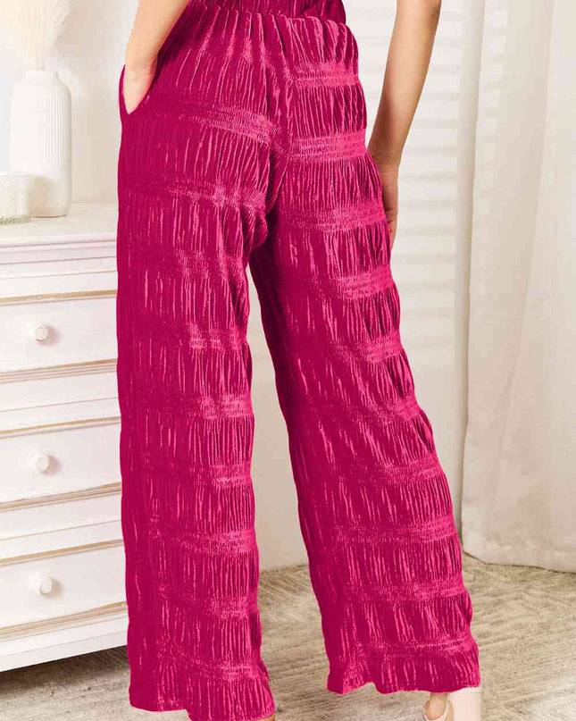 Double Take Full Size High Waist Tiered Shirring Velvet Wide Leg Pants