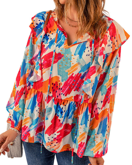 Brush Stroke Ruffled Tie Neck Blouse