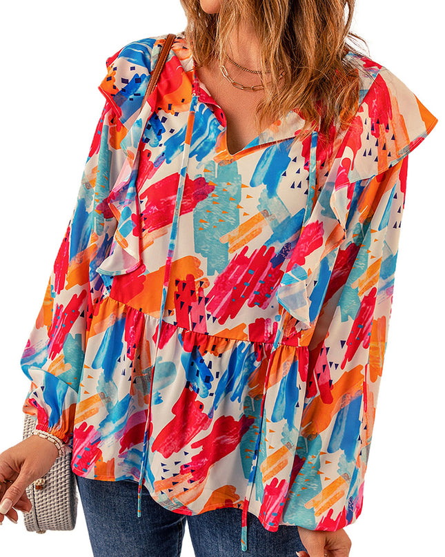 Brush Stroke Ruffled Tie Neck Blouse