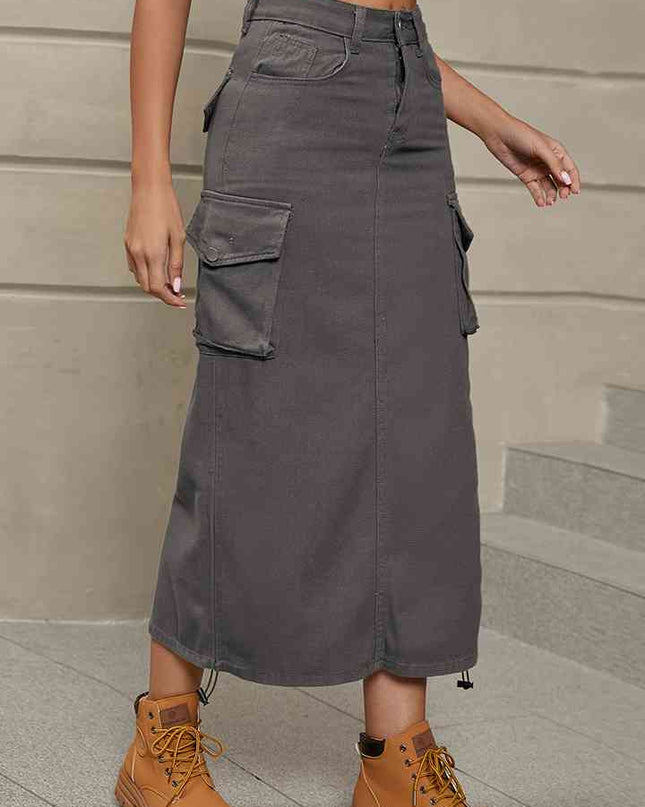 Drawstring Denim Skirt with Pockets