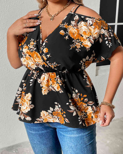 Plus Size Floral Print Cold Shoulder Surplice Neck Blouse