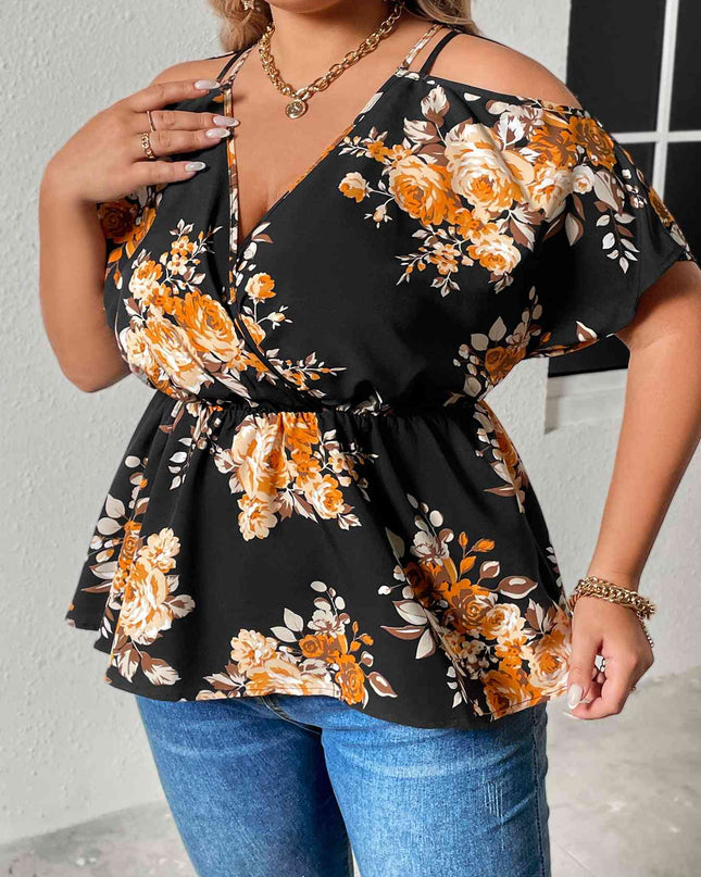 Plus Size Floral Print Cold Shoulder Surplice Neck Blouse