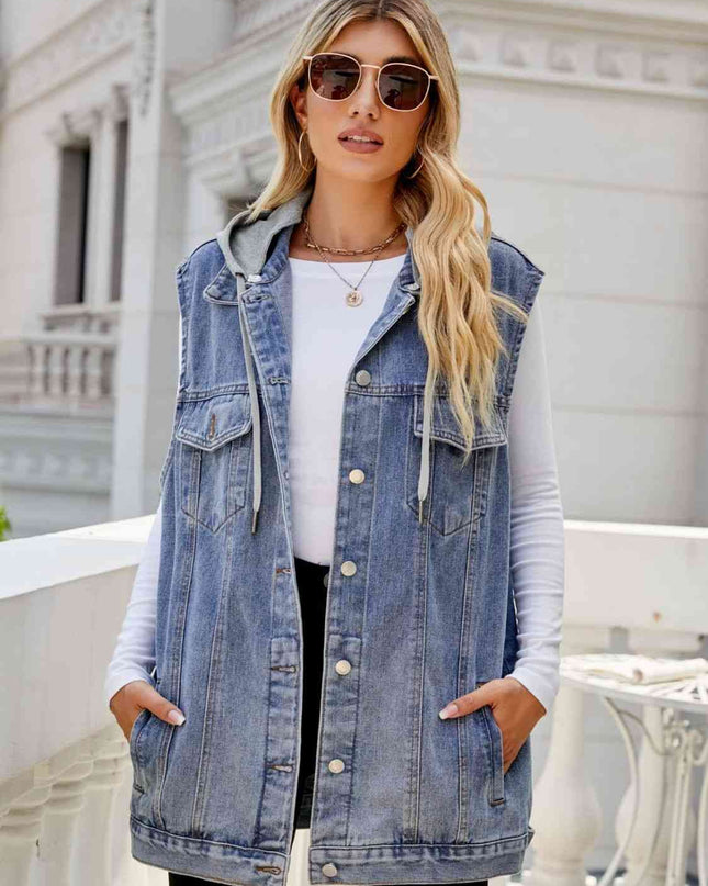 Drawstring Hooded Sleeveless Denim Top with Pockets