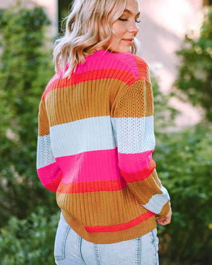 Striped V-Neck Button Up Cardigan