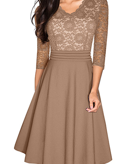 V-Neck Lace Detail Knee-Length Dress