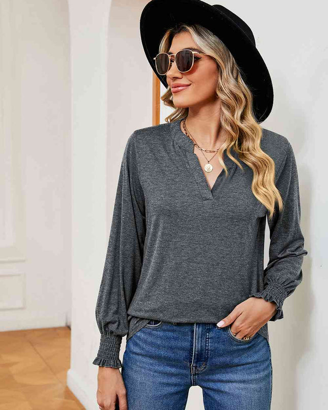 Notched Neck Long Sleeve Blouse
