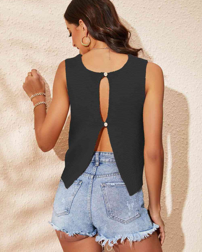 Buttoned Cutout Ribbed Trim Knit Tank