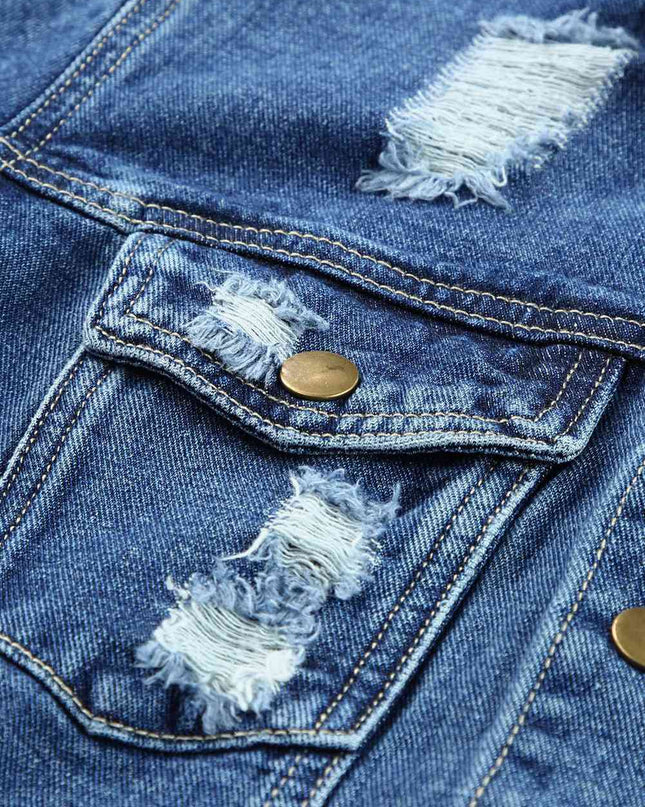 Plaid Distressed Raw Hem Snap Down Denim Jacket