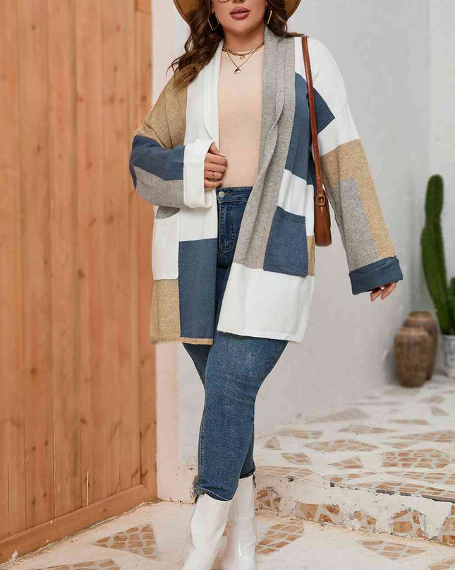 Plus Size Color Block Long Sleeve Cardigan