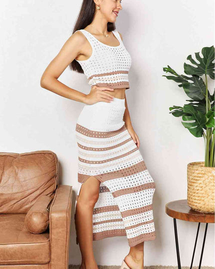 Double Take Striped Openwork Cropped Tank and Split Skirt Set