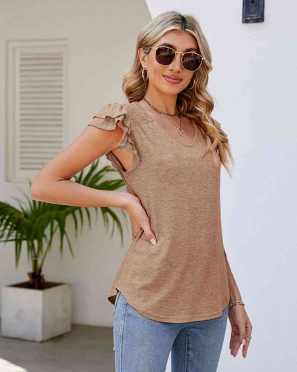 Smocked Flutter Sleeve V-Neck Top