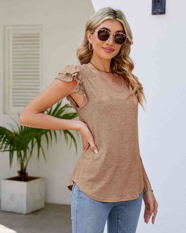 Smocked Flutter Sleeve V-Neck Top