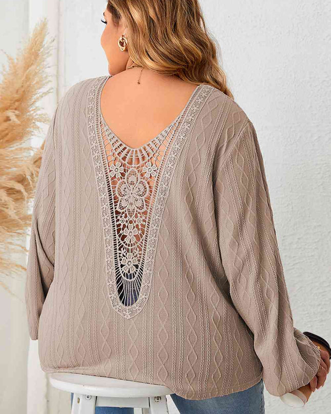 Plus Size Lace Detail V-Neck Long Sleeve Blouse