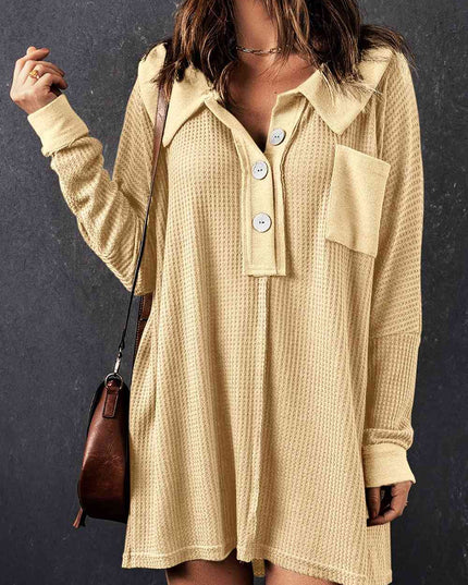 Waffle Knit Buttoned Long Sleeve Top with Breast Pocket