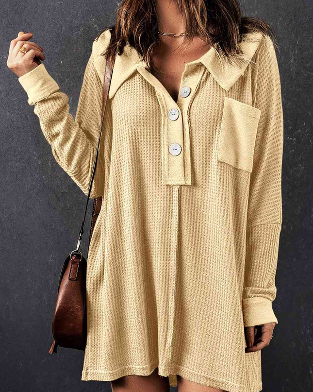 Waffle Knit Buttoned Long Sleeve Top with Breast Pocket