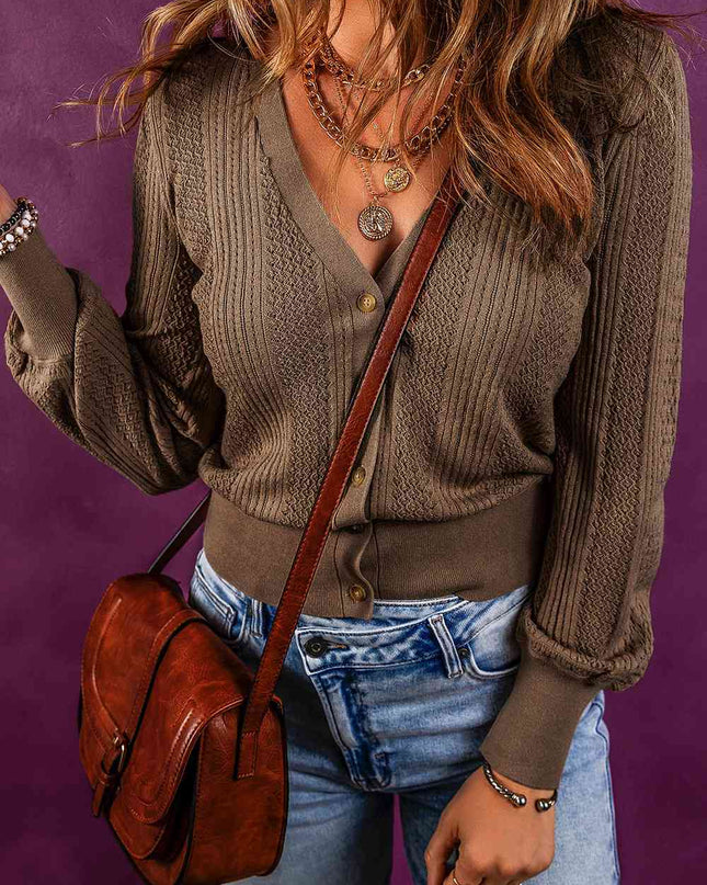 Button Up V-Neck Long Sleeve Cardigan