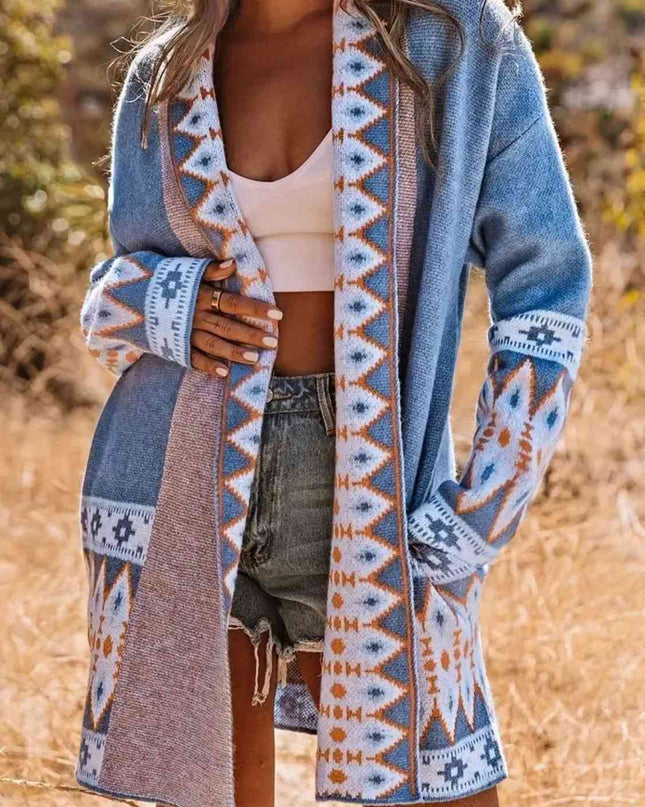 Plus Size Geometric  Open Front Cardigan with Pockets
