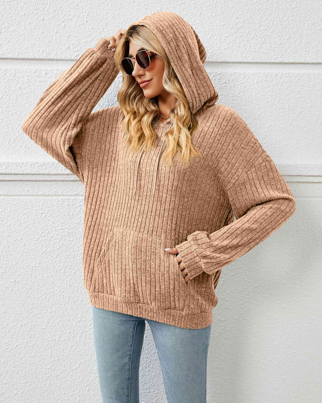 Drawstring Dropped Shoulder Ribbed Hoodie