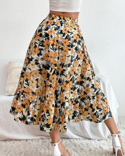Printed Ruffle Hem Midi Skirt