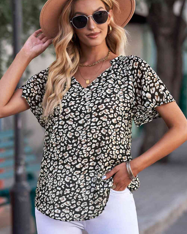 Floral Notched Neck Flutter Sleeve Blouse