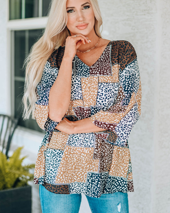 Leopard Patchwork V-Neck Top