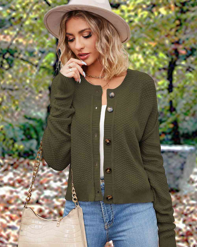 Button Up Round Neck Drop Shoulder Cardigan