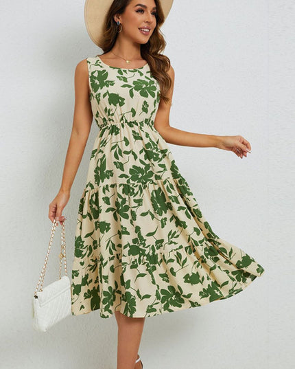 Floral Round Neck Tiered Sleeveless Dress