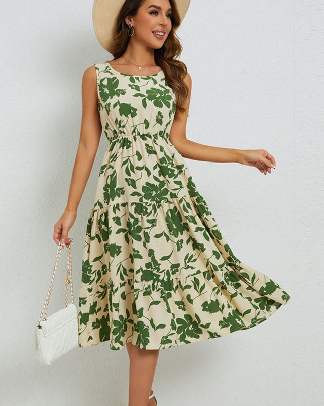 Floral Round Neck Tiered Sleeveless Dress