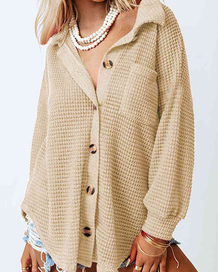 Waffle-Knit Button Up Long Sleeve Shirt with Pocket