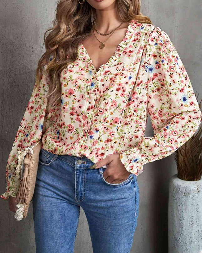 Floral Frill Trim V-Neck Flounce Sleeve Blouse
