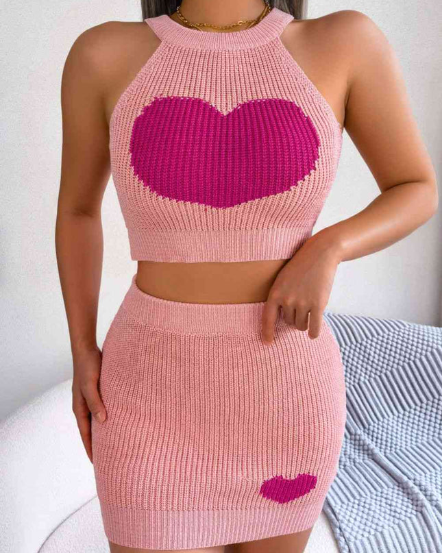 Heart Contrast Ribbed Sleeveless Knit Top and Skirt Set