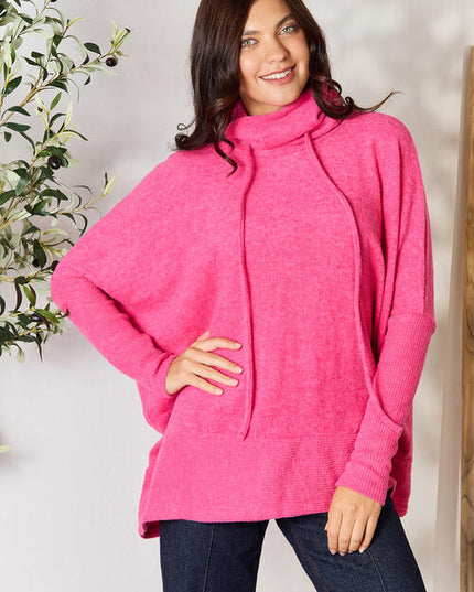 Zenana Drawstring Mock Neck Sweater