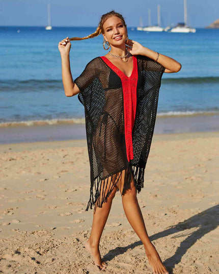 Contrast Fringe Trim Openwork Cover-Up Dress