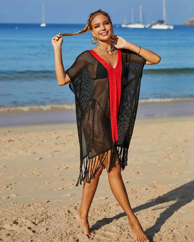 Contrast Fringe Trim Openwork Cover-Up Dress